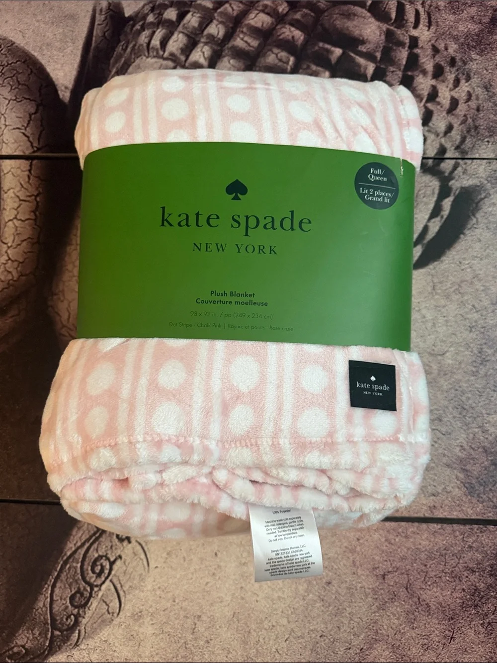 kate spade New York Pink and White Polka Stripe Plush Blanket